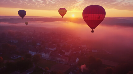 Obraz premium Hot air balloons soar over misty town at sunrise.