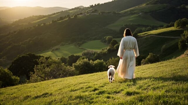 jesus and the sheep walk together, stock footage