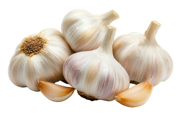 A cluster of garlic cloves with papery skin, isolated on a transparent background, PNG file.
