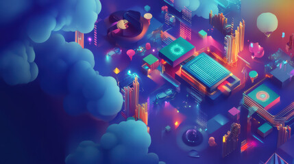 Colorful isometric data processing concept in cloud environment featuring vibrant buildings, abstract shapes, and glowing elements. This digital artwork showcases futuristic cityscape