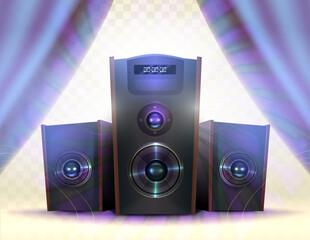 Home Audio System. Realistic 3d speakers for music festival. Curtain in the background
