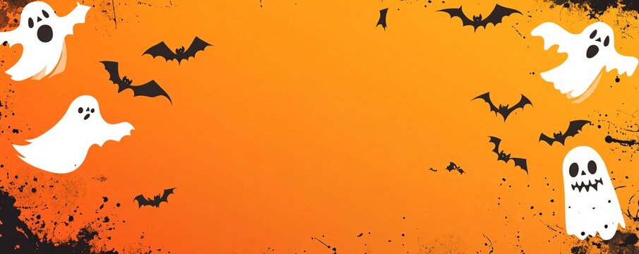 Halloween banner with ghosts and bats flying on orange background