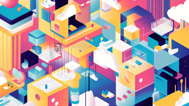 Colorful isometric design showcasing abstract geometric shapes, vibrant colors, and cloud elements. This artwork creates playful and imaginative atmosphere, perfect for digital backgrounds