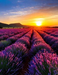 Fototapeta premium sunset over a sprawling lavender field 