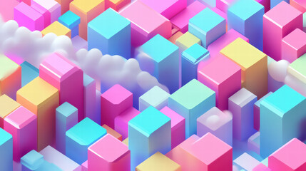 Obraz premium Colorful isometric design featuring vibrant geometric shapes and clouds, creating playful and modern atmosphere. This abstract representation showcases blend of pastel colors and 3D elements