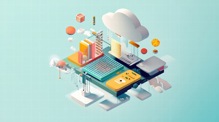 Colorful isometric design showcasing cloud database with various elements like books, cookies, and laptop, representing technology and creativity