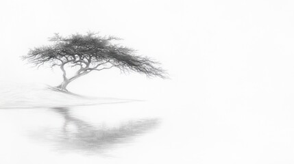 Fototapeta premium Solitary tree reflecting in calm water, misty desert landscape, peaceful nature scene