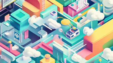 Fototapeta premium Colorful isometric design showcasing cloud technology and urban landscape. This vibrant illustration features abstract buildings, clouds, and digital elements, creating futuristic atmosphere