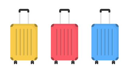 Three color plastic suitcases with handles, vector eps10 illustration