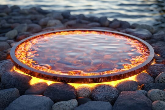 Reflective waterbed under a circular glass billboard with a red fiery border, floats gracefully over polished stones.