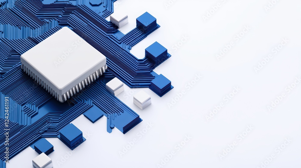 Poster modern microchip displayed on abstract blue circuit design background