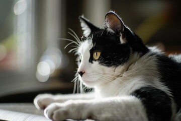 A black and white cat resting on a table, glancing back.