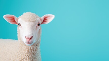 Obraz premium Cute White Sheep with Fluffy Wool Against Blue Background
