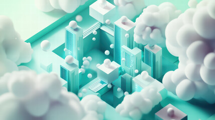 Fototapeta premium Isometric view of futuristic cityscape with abstract buildings and clouds, creating serene and imaginative atmosphere