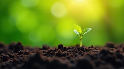 A Tiny Sprout Emerges from Rich Soil, Basking in the Warmth of the Morning Sun, a Symbol of Growth and New Beginnings