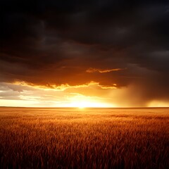 Dramatic Wheat Field Sunset with Storm Clouds