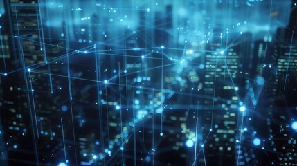 A blue blockchain network connecting nodes throughout a vibrant cityscape