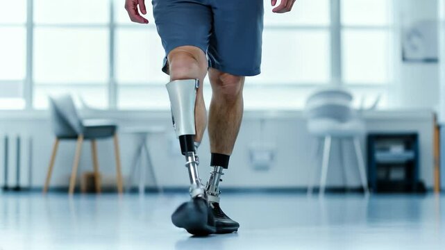 Walking Forward: A determined man with a prosthetic leg walks confidently towards a bright future, showcasing resilience, strength, and the indomitable human spirit.