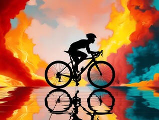 Fototapeta premium A silhouette of a cyclist rides through a surreal landscape with vibrant clouds and reflections, creating a dynamic and artistic composition full of energy, movement, and color.