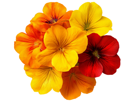 A cluster of vibrant nasturtium flowers with orange and yellow petals, isolated on a clean transparent background, PNG file.