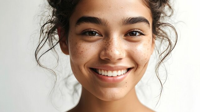 Young lovely vibrant positive woman smiling happily with cute dimples and freckles on her facial skin. Attractive female natural beauty with self-love self-acceptance and self-confidence