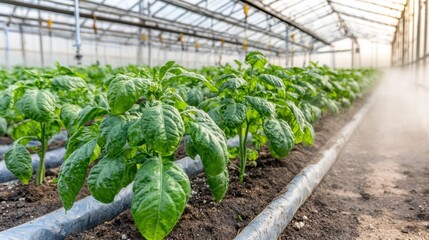 Cultivating fresh basil plants in a greenhouse agricultural science indoor farming sustainable growth