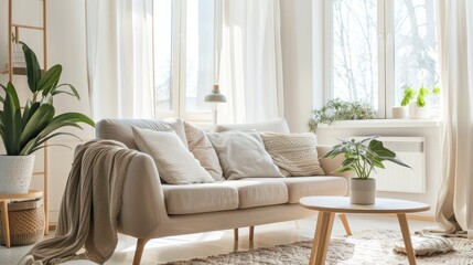 Bright Living Room Featuring Soft Tones and Natural Wood Elements