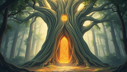 Tree of Wisdom Portal with Pulsating Runes – A glowing gateway deep within a colossal tree, radiating the knowledge of the enchanted woods