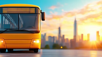Yellow Bus with City Skyline at Sunset, Urban Transport Scene