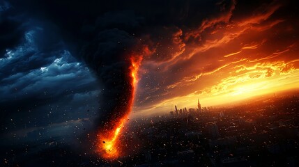Naklejka premium Fiery Tornado Descends Upon City at Sunset