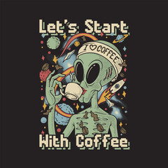 alien drinking coffee retro cartoon illustration