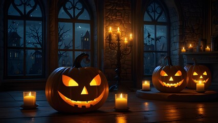 Halloween Jack O' Lanterns with Candles, in a Youthful Medieval Room at Night Generative AI