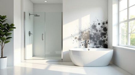 Modern minimalist bathroom design featuring a freestanding bathtub and a frameless glass shower enclosure, accented by an abstract grayscale splash pattern on the wall.