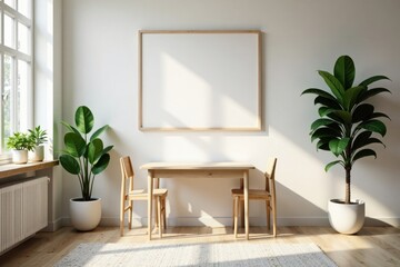 Fototapeta premium Bright and airy minimalist room design with simple wooden furniture, potted plants, and a large blank wall canvas