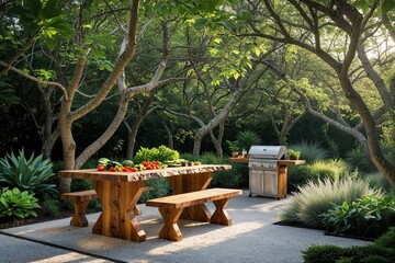 Obraz premium Inviting Mornings in a Shady Arboretum Featuring a Handmade Table Veggie Grill and Abundant Greenery