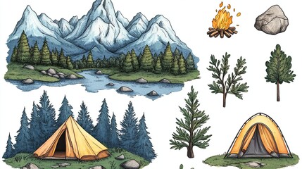 Camping Clipart Camping-themed clipart with tents, campfires, mountains, and nature trails, ideal for outdoor event promotions, adventure travel blogs, and camping gear websites.