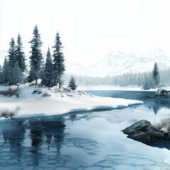 Tranquil Winter Landscape with Snow-Covered Trees and Frozen Lake in Serene Natural Setting