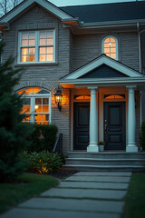 Obraz premium Luxury Brick House at Dusk: Captivating Home Exterior with Warm Lighting and Landscaping