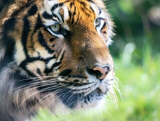 Obraz premium Close-up of a tiger's face showcasing intense details and natural lighting