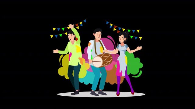 Characters in a flat style celebrating Holi, great for festive animations and cultural promotions.