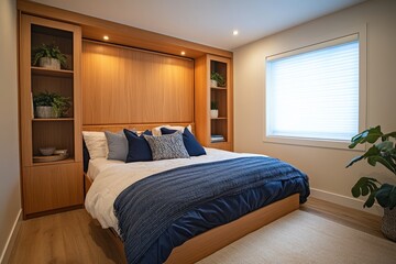 Modern bedroom with built-in wooden headboard and shelving. Ideal for interior design, home decor, and real estate websites.