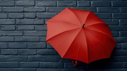Red umbrella against dark brick wall, rain protection