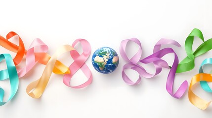 A conceptual image depicting an Earth sphere placed at the center surrounded by a multitude of colorful ribbons each representing a different social environmental or humanitarian cause
