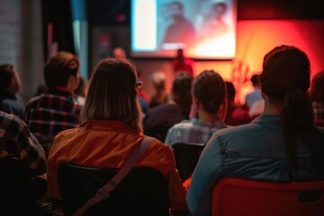 Audience seated in chairs, captivated by vibrant screen backdrop.