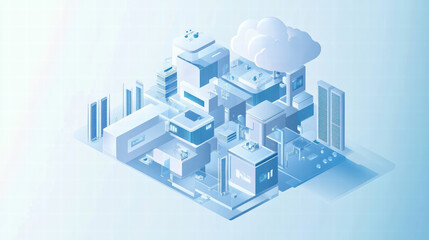 Innovative isometric design of modern cityscape featuring cloud data processing elements, showcasing buildings and technology in harmonious layout