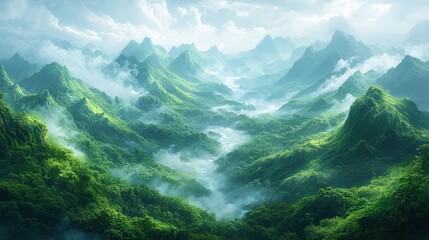 Misty valley in lush green mountains under cloudy sky