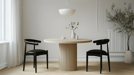 Modern Minimalist Dining Room Set: Round Light Wood Table with Two Black Leather Chairs, Elegant Scandinavian Design, Simple Home Decor, Stylish Interior