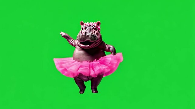 Hippo in Tutu Dancing: A playful hippopotamus, donned in a pink tutu, strikes a cheerful dance pose against a vibrant green screen.  Perfect for whimsical projects or adding a touch of the unexpected.