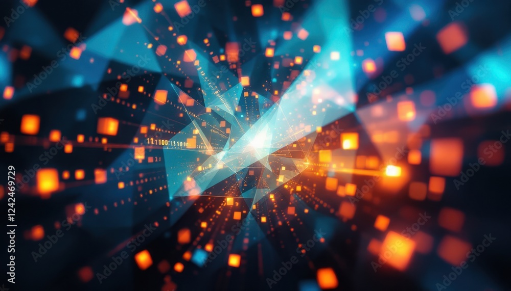 Poster digital abstract background with dynamic geometric shapes and glowing particles