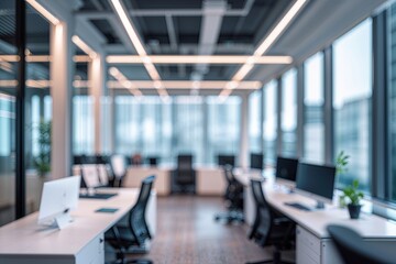 Fototapeta premium Modern White Office Interior Blurred Background for Creative Workspace Design